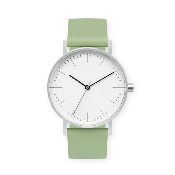 B001 Watch, Silver Case, White Dial, Rubber Strap - 0018-Mint Green