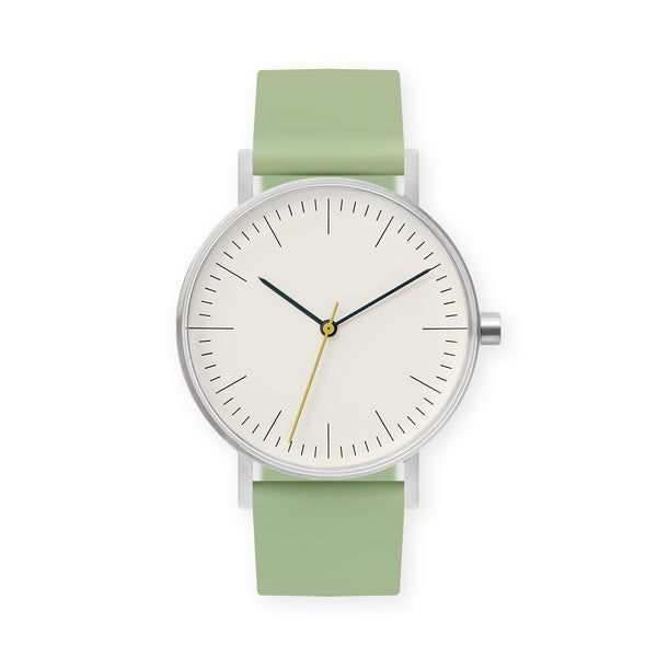 B001 Watch, Silver Case, Off White Dial, Rubber Strap - 0018-Mint Green