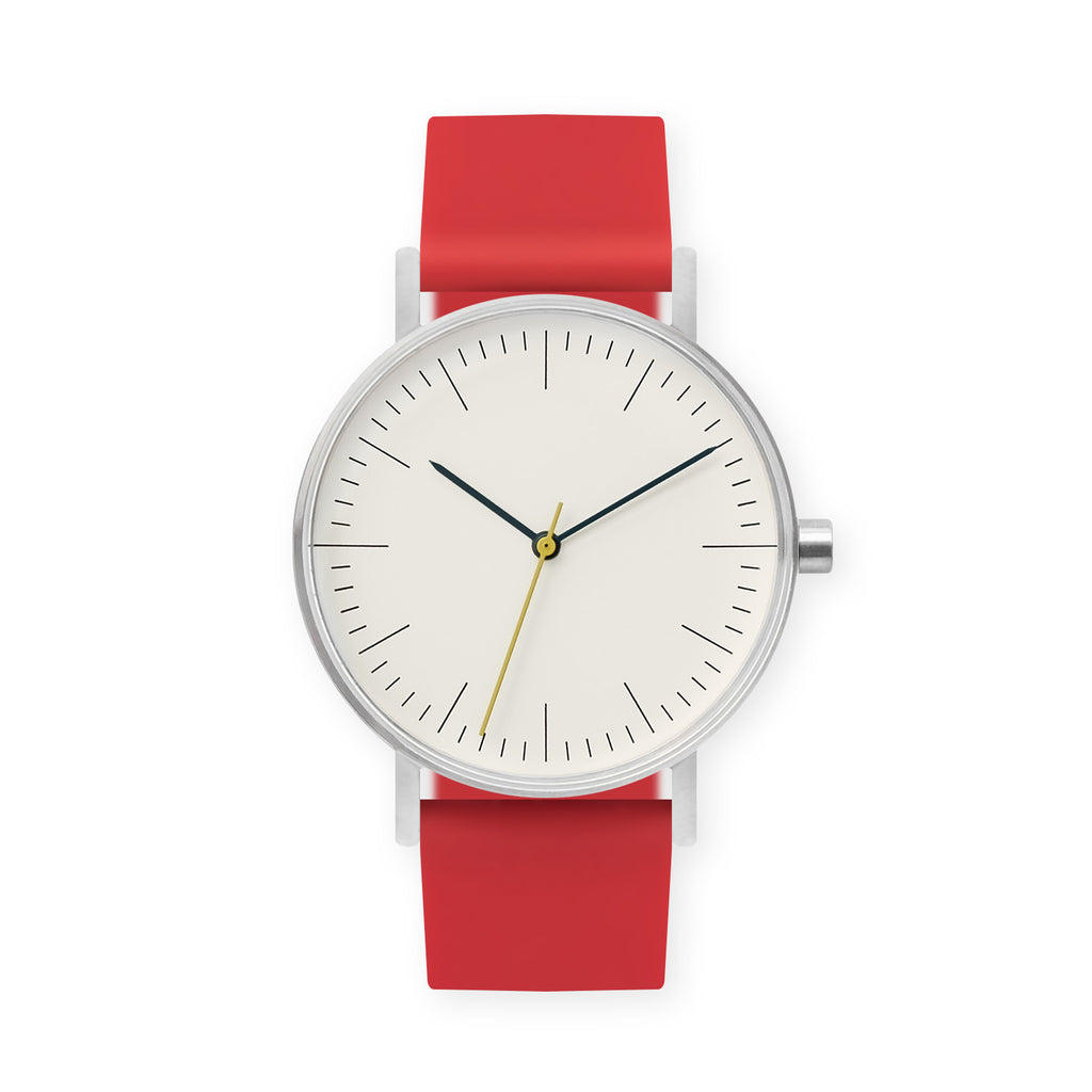 B001 Watch, Silver Case, Off White Dial, Rubber Strap - 0021-Red