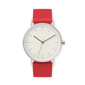 B001 Watch, Silver Case, Off White Dial, Silicone Strap - 0021-Red - BIJOUONE