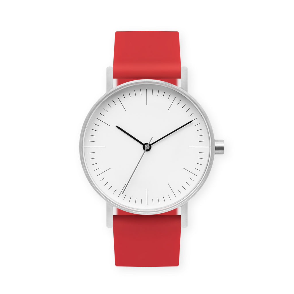 B001 Watch, Silver Case, White Dial, Rubber Strap - 0021-Red