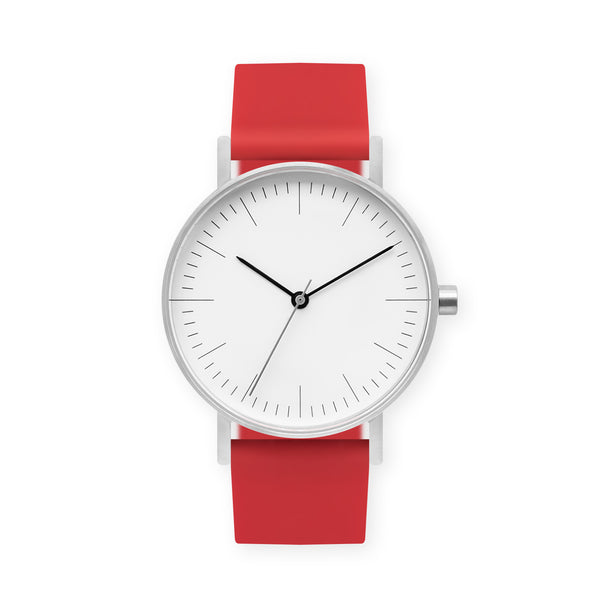 B001 Watch, Silver Case, White Dial, Rubber Strap - 0021-Red