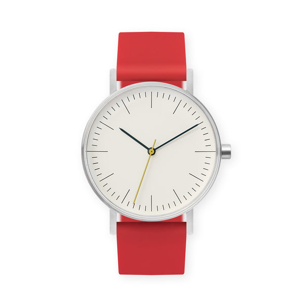B001 Watch, Silver Case, Off White Dial, Rubber Strap - 0021-Red