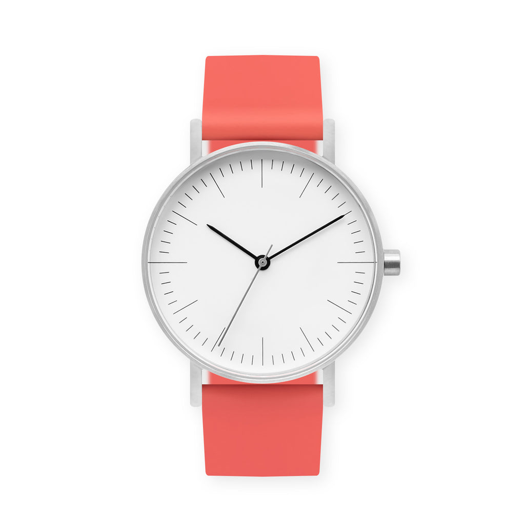 B001 Watch, Silver Case, White Dial, Rubber Strap - 0020-Salmon