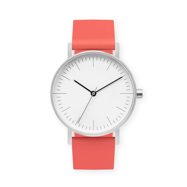 B001 Watch, Silver Case, White Dial, Rubber Strap - 0020-Salmon