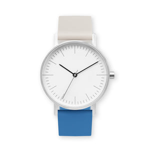 B001 Watch, Silver Case, White Dial, Two-tone Silicone Strap - 0506-Ivory/Blue - BIJOUONE
