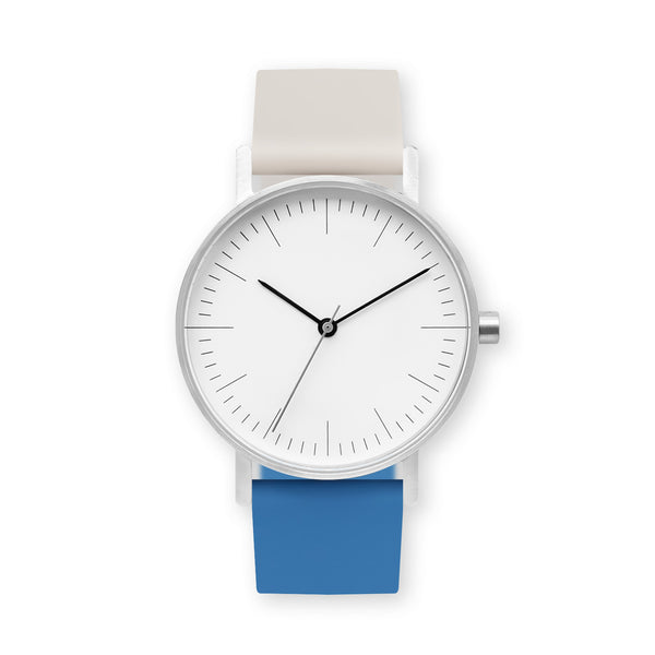 B001 Watch, Silver Case, White Dial, Two-tone Rubber Strap - 0506-Ivory/Blue