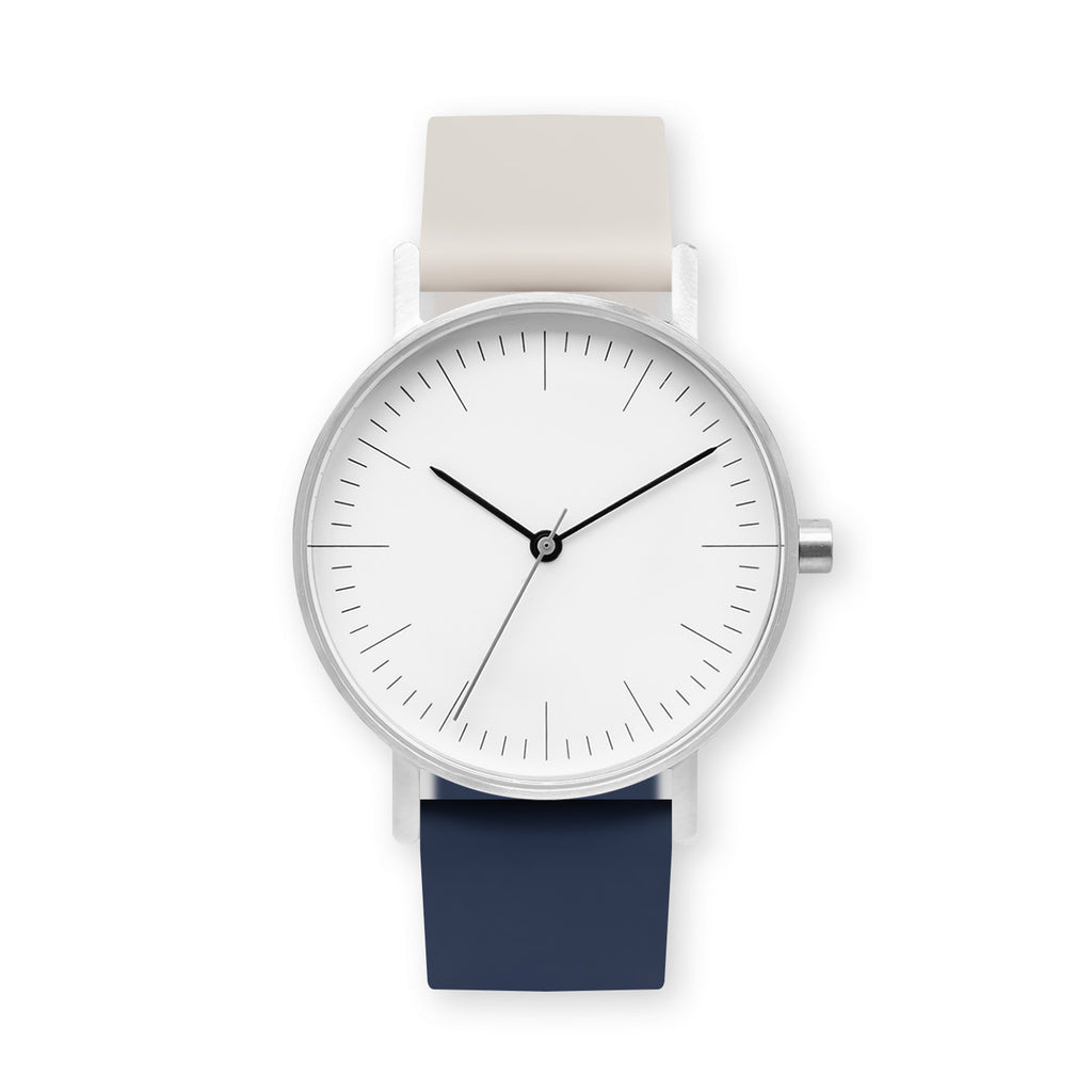 B001 Watch, Silver Case, White Dial, Two-tone Rubber Strap - 0513-Ivory/Midnight Blue