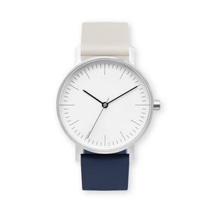 B001 Watch, Silver Case, White Dial, Two-tone Silicone Strap - 0513-Ivory/Midnight Blue - BIJOUONE