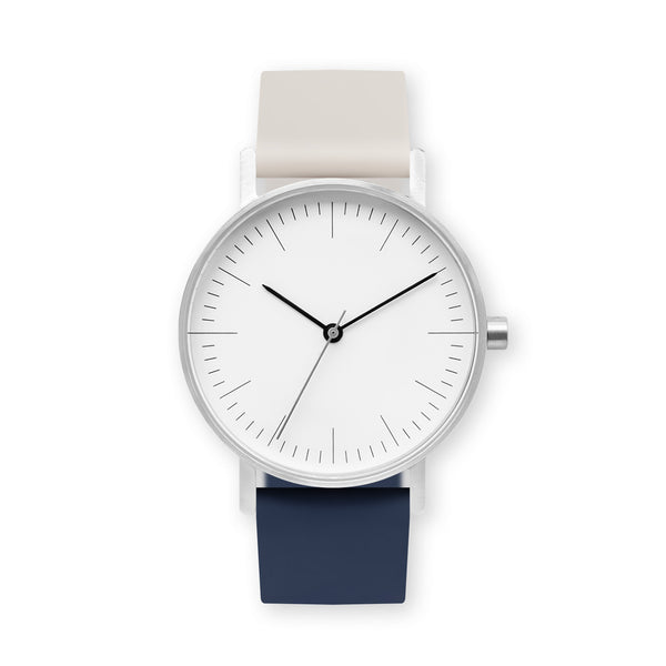 B001 Watch, Silver Case, White Dial, Two-tone Rubber Strap - 0513-Ivory/Midnight Blue