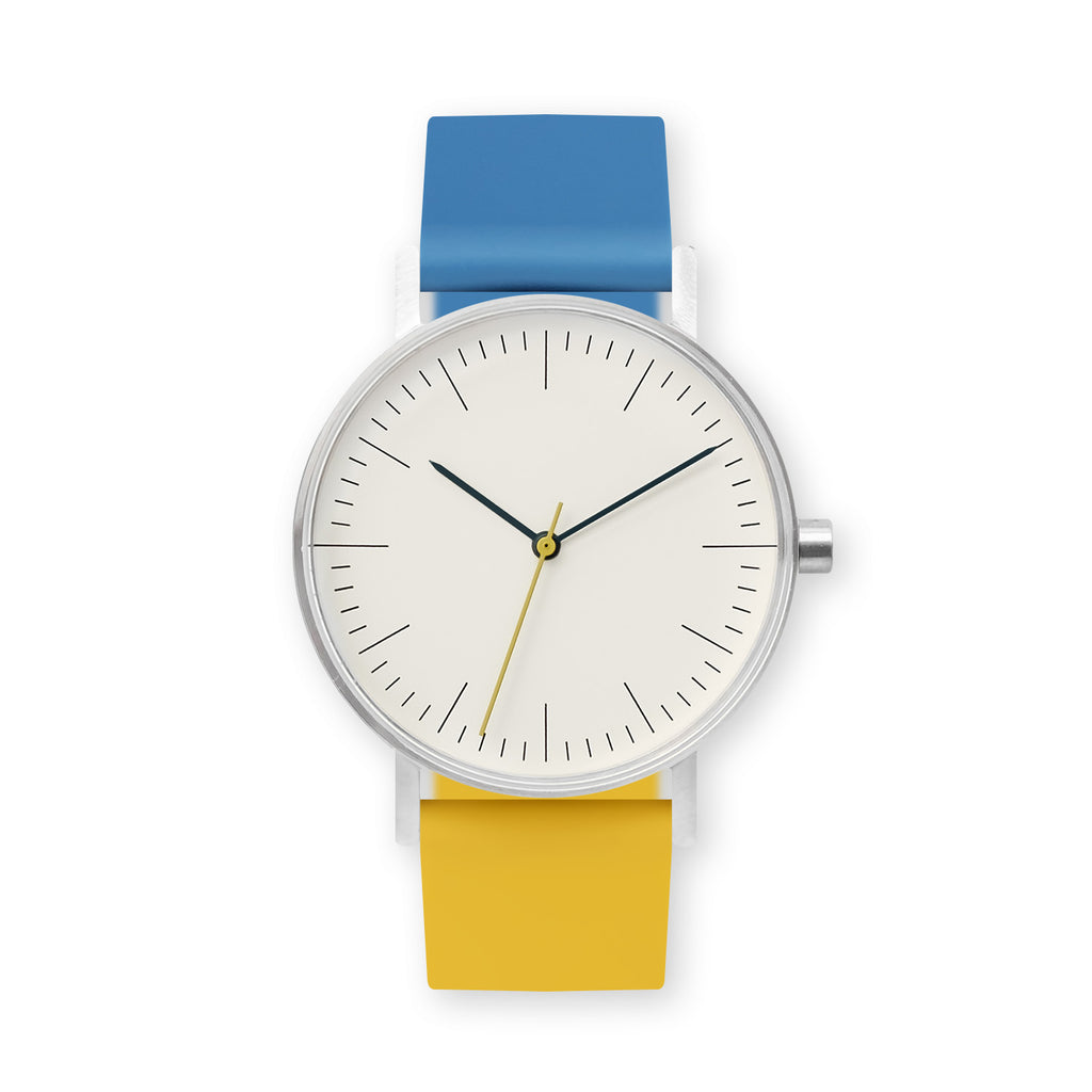 B001 Watch, Silver Case, Off White Dial, Two-tone Rubber Strap - 0610-Blue/Lemon