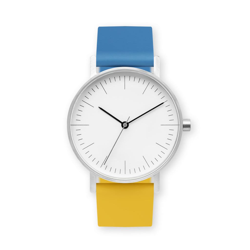 B001 Watch, Silver Case, White Dial, Two-tone Rubber Strap - 0610-Blue/Lemon