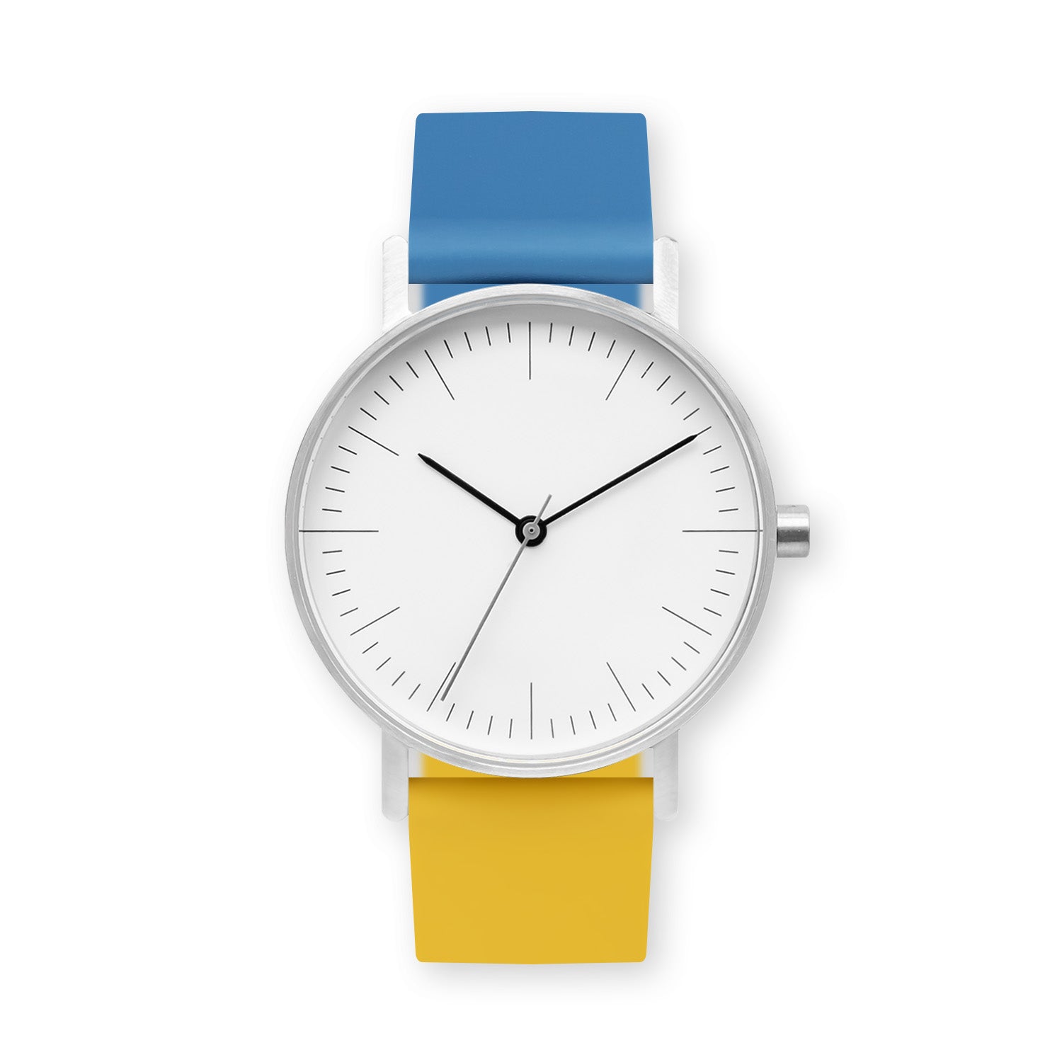 B001 Watch, Silver Case, White Dial, Two-tone Silicone Strap - 0610-Blue/Lemon - BIJOUONE
