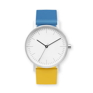 B001 Watch, Silver Case, White Dial, Two-tone Silicone Strap - 0610-Blue/Lemon - BIJOUONE
