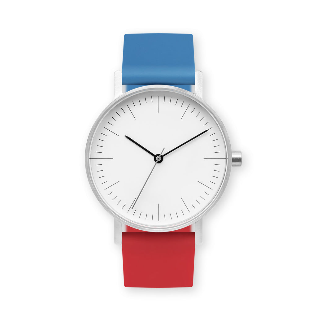 B001 Watch, Silver Case, White Dial, Two-tone Rubber Strap - 0619-Blue/Red