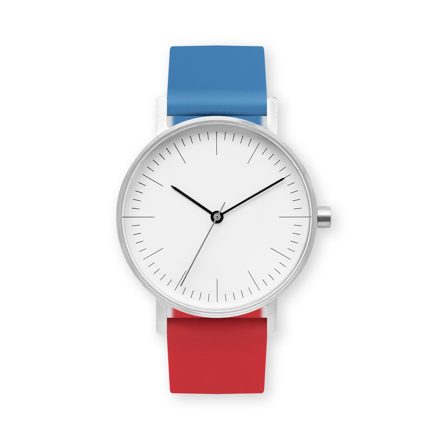 B001 Watch, Silver Case, White Dial, Two-tone Silicone Strap - 0619-Blue/Red - BIJOUONE