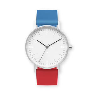 B001 Watch, Silver Case, White Dial, Two-tone Silicone Strap - 0619-Blue/Red - BIJOUONE
