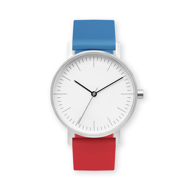 B001 Watch, Silver Case, White Dial, Two-tone Rubber Strap - 0619-Blue/Red