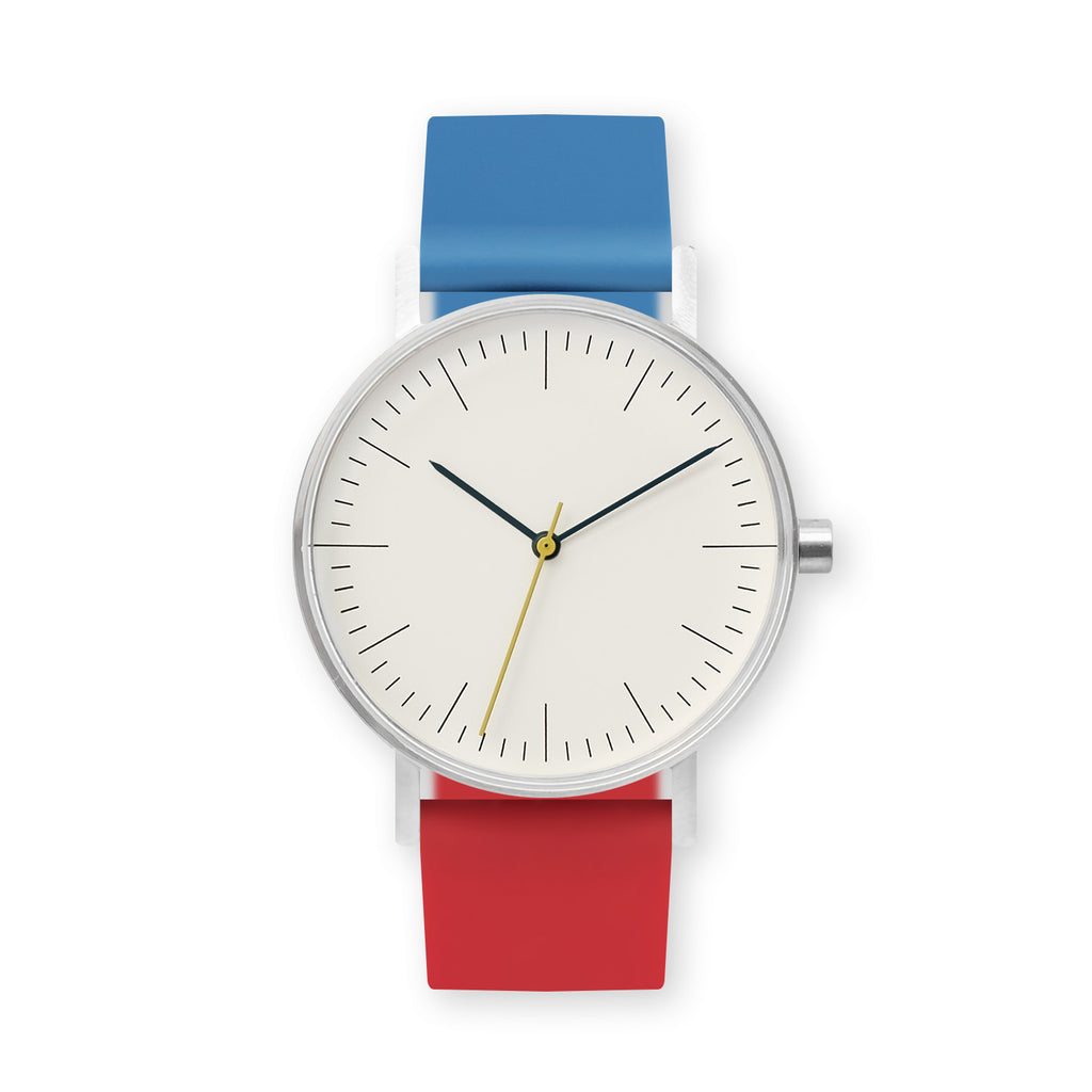 B001 Watch, Silver Case, Off White Dial, Two-tone Rubber Strap - 0619-Blue/Red