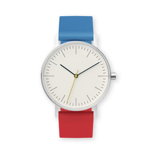 B001 Watch, Silver Case, Off White Dial, Two-tone Silicone Strap - 0619-Blue/Red