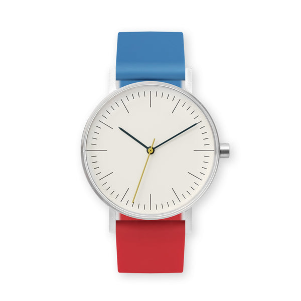 B001 Watch, Silver Case, Off White Dial, Two-tone Rubber Strap - 0619-Blue/Red
