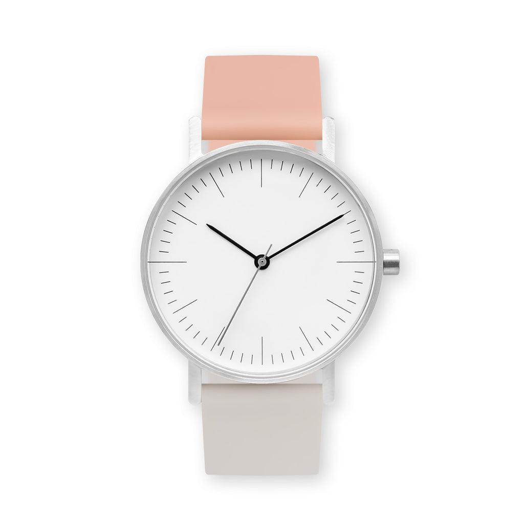 B001 Watch, Silver Case, White Dial, Two-tone Rubber Strap - 0705-Nude Pink/Ivory