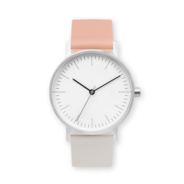 B001 Watch, Silver Case, White Dial, Two-tone Rubber Strap - 0705-Nude Pink/Ivory