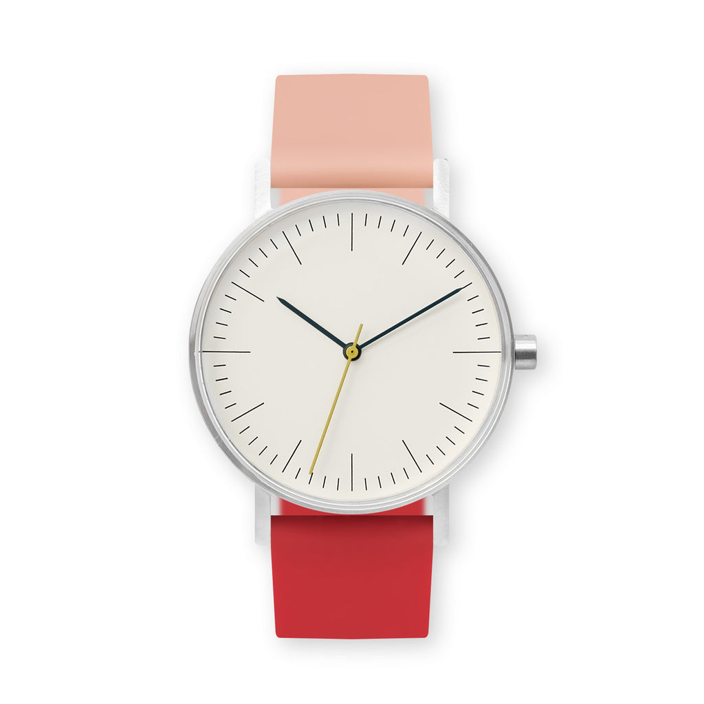 B001 Watch, Silver Case, Off White Dial, Two-tone Rubber Strap - 0719-Nude Pink/Red