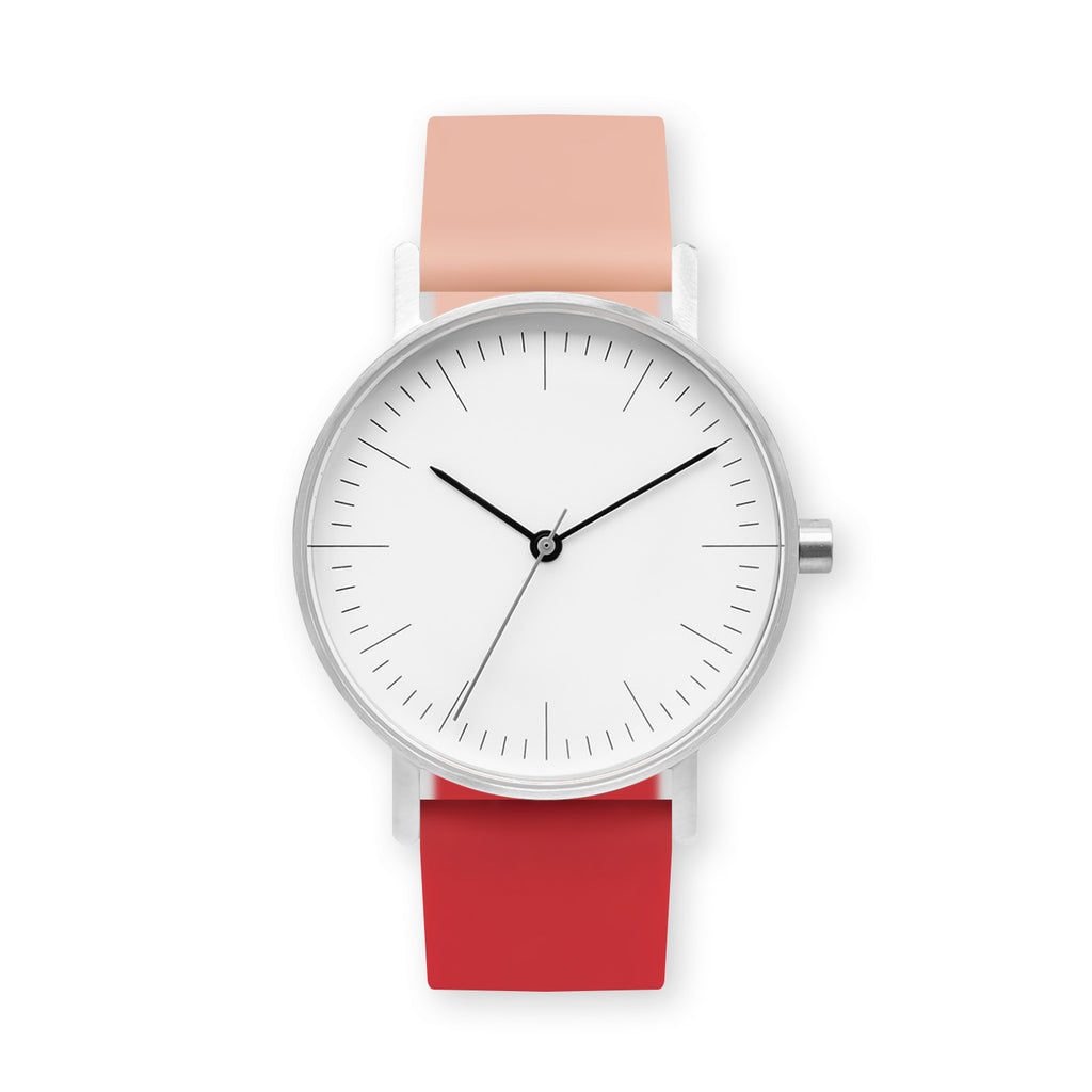 B001 Watch, Silver Case, White Dial, Two-tone Rubber Strap - 0719-Nude Pink/Red