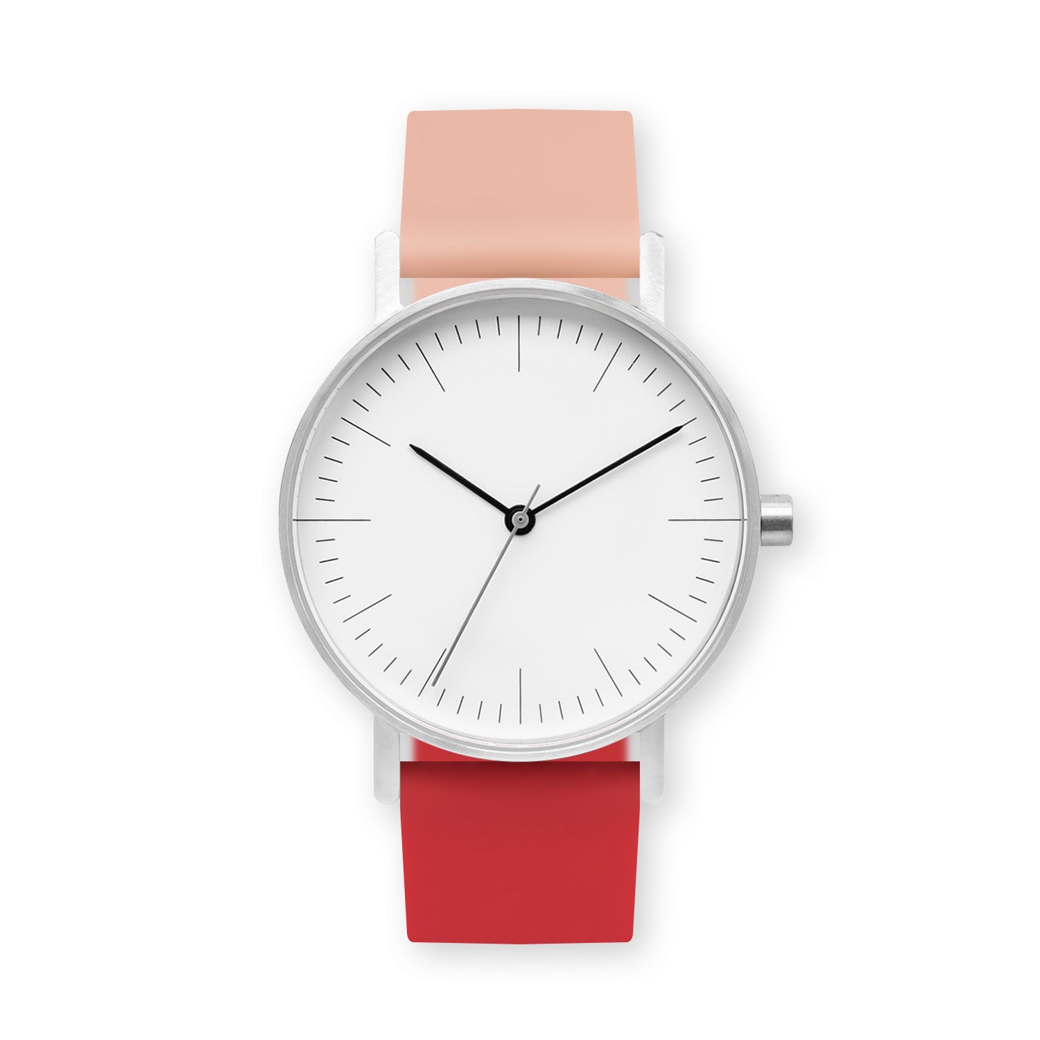 B001 Watch, Silver Case, White Dial, Two-tone Silicone Strap - 0719-Nude Pink/Red - BIJOUONE