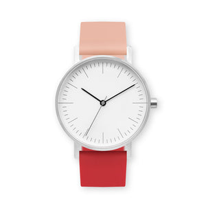 B001 Watch, Silver Case, White Dial, Two-tone Silicone Strap - 0719-Nude Pink/Red - BIJOUONE