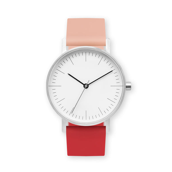 B001 Watch, Silver Case, White Dial, Two-tone Rubber Strap - 0719-Nude Pink/Red