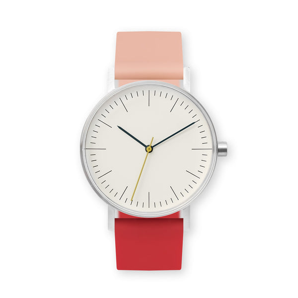 B001 Watch, Silver Case, Off White Dial, Two-tone Rubber Strap - 0719-Nude Pink/Red