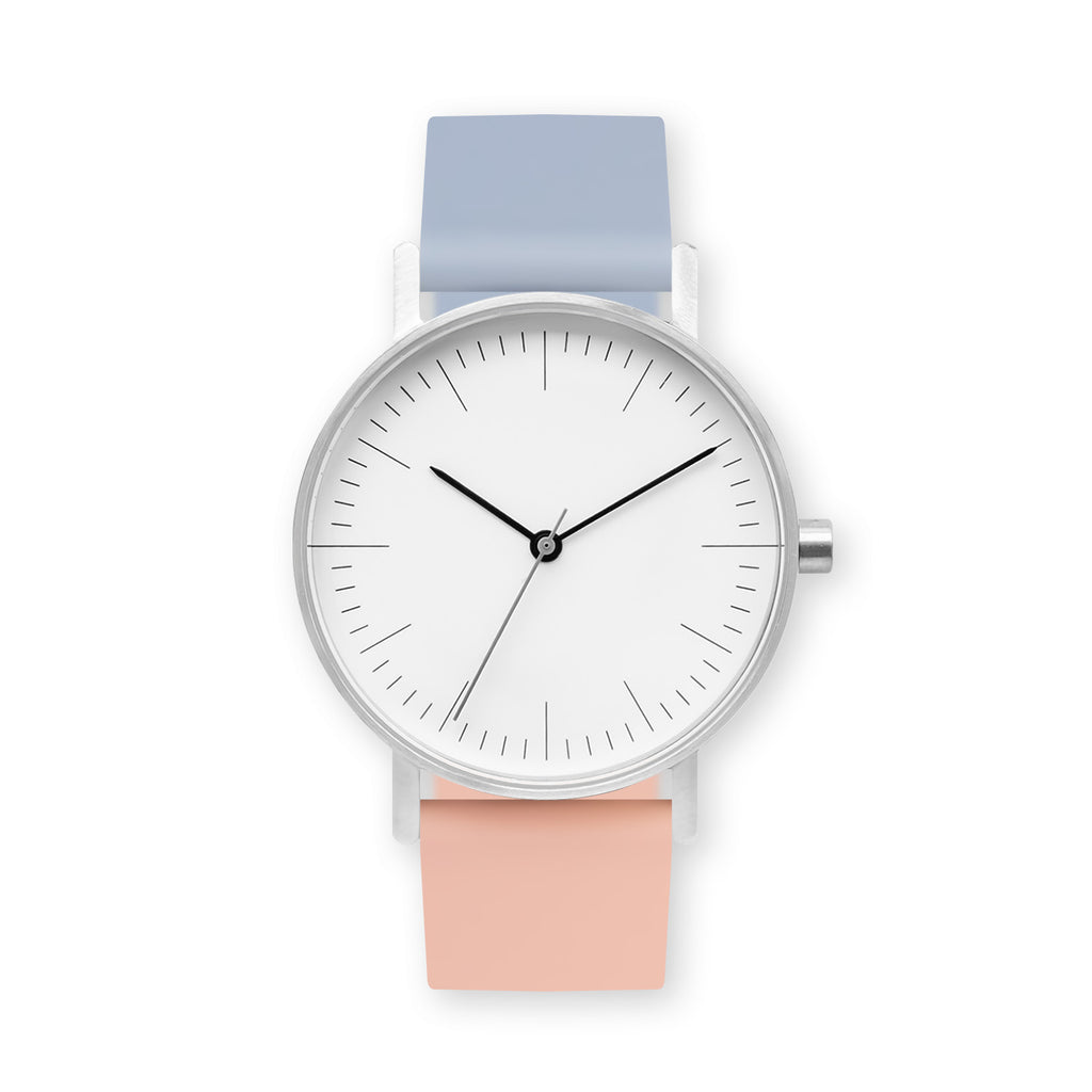 B001 Watch, Silver Case, White Dial, Two-tone Rubber Strap - 0807-Dusty Blue/Nude Pink