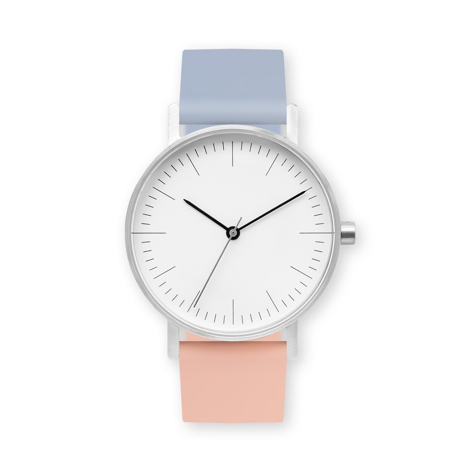 B001 Watch, Silver Case, White Dial, Two-tone Silicone Strap - 0807-Dusty Blue/Nude Pink - BIJOUONE