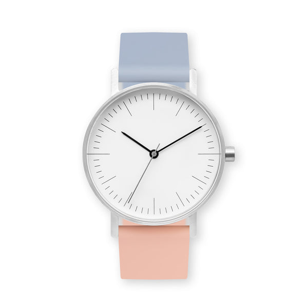 B001 Watch, Silver Case, White Dial, Two-tone Rubber Strap - 0807-Dusty Blue/Nude Pink