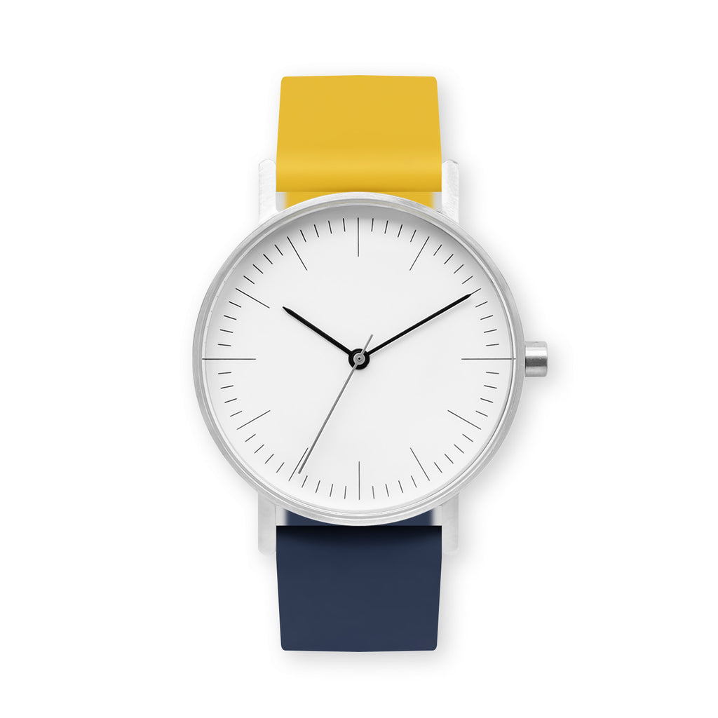 B001 Watch, Silver Case, White Dial, Two-tone Rubber Strap - 1013-Lemon/Midnight Blue