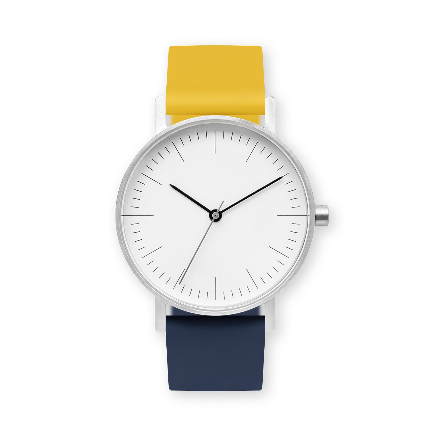 B001 Watch, Silver Case, White Dial, Two-tone Silicone Strap - 1013-Lemon/Midnight Blue - BIJOUONE
