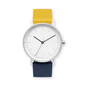 B001 Watch, Silver Case, White Dial, Two-tone Silicone Strap - 1013-Lemon/Midnight Blue - BIJOUONE