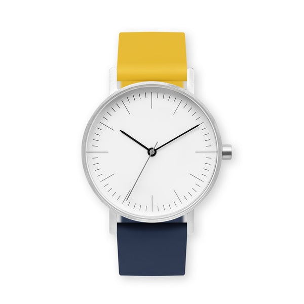 B001 Watch, Silver Case, White Dial, Two-tone Rubber Strap - 1013-Lemon/Midnight Blue