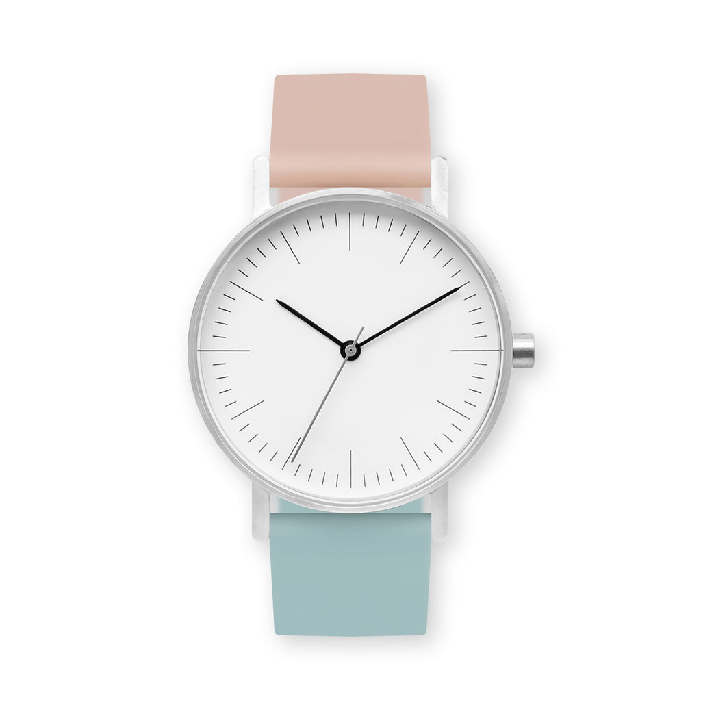 B001 Watch, Silver Case, White Dial, Two-tone Rubber Strap - 1112-Pink Sand/Aquamarine