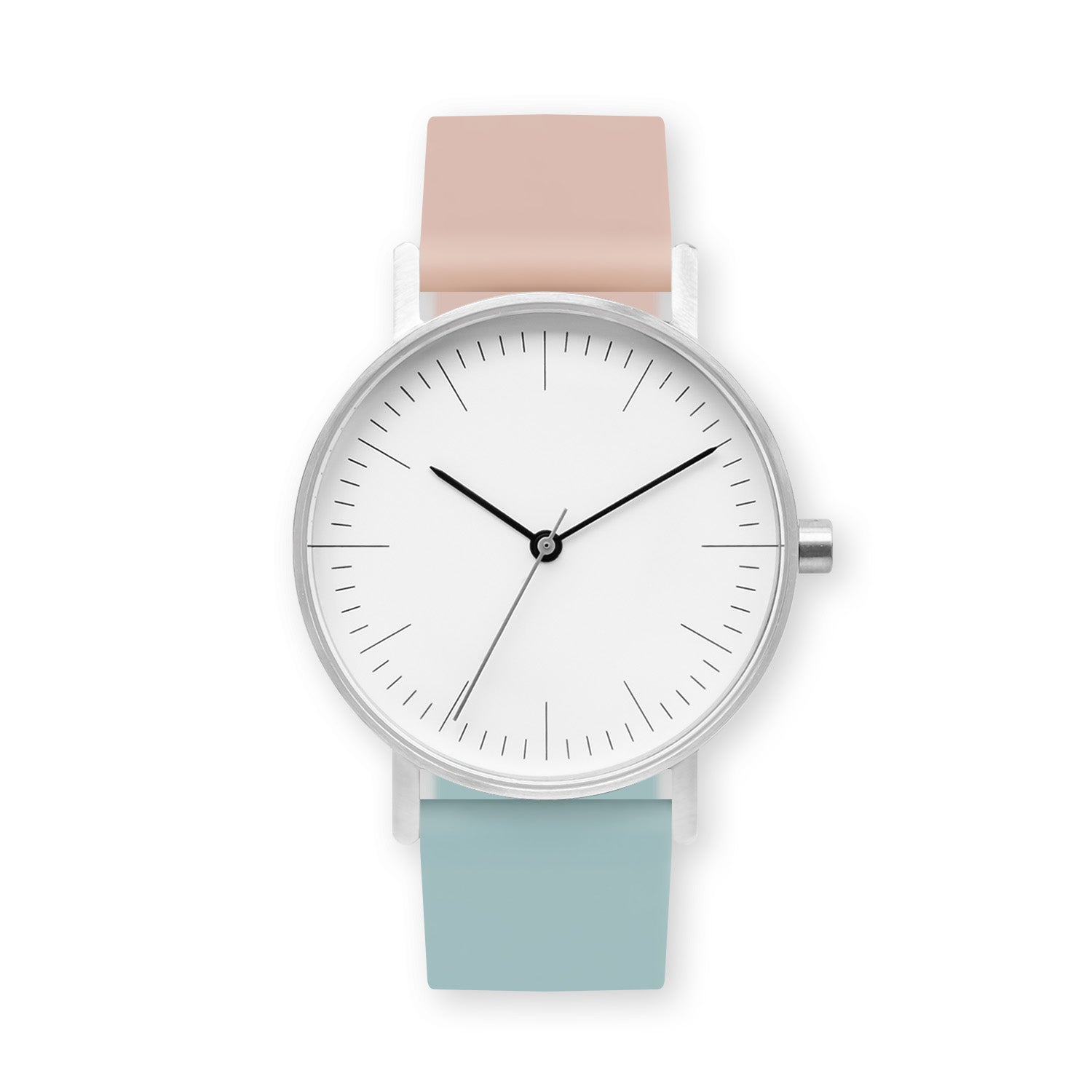 B001 Watch, Silver Case, White Dial, Two-tone Silicone Strap - 1112-Pink Sand/Aquamarine - BIJOUONE