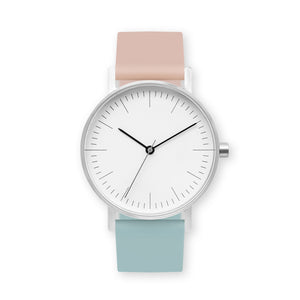 B001 Watch, Silver Case, White Dial, Two-tone Silicone Strap - 1112-Pink Sand/Aquamarine - BIJOUONE