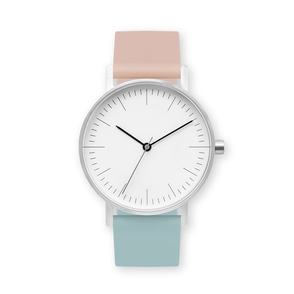 B001 Watch, Silver Case, White Dial, Two-tone Rubber Strap - 1112-Pink Sand/Aquamarine