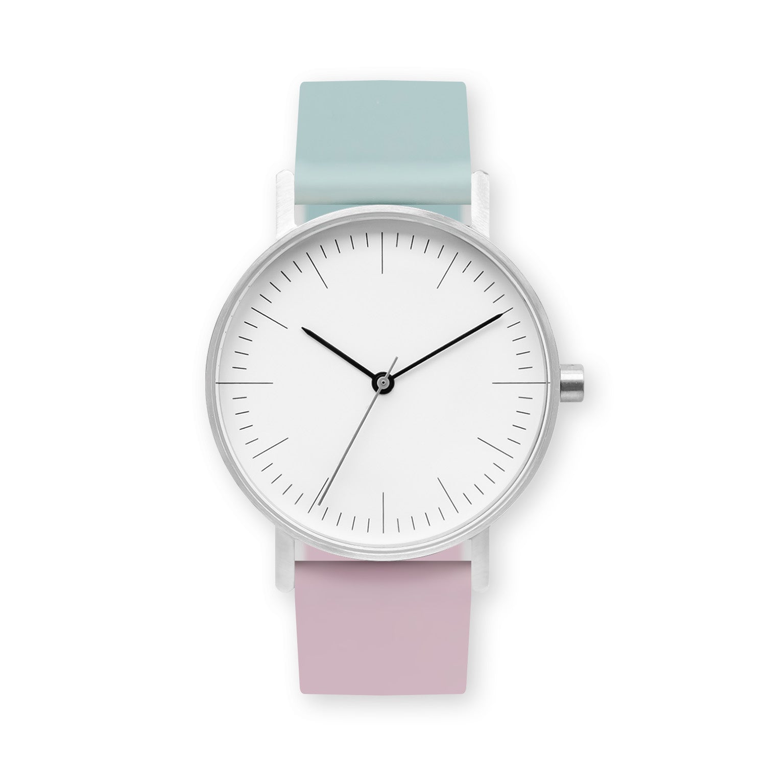 B001 Watch, Silver Case, White Dial, Two-tone Silicone Strap - 1215-Aquamarine/Lavender - BIJOUONE
