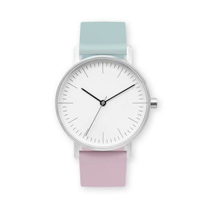 B001 Watch, Silver Case, White Dial, Two-tone Silicone Strap - 1215-Aquamarine/Lavender - BIJOUONE