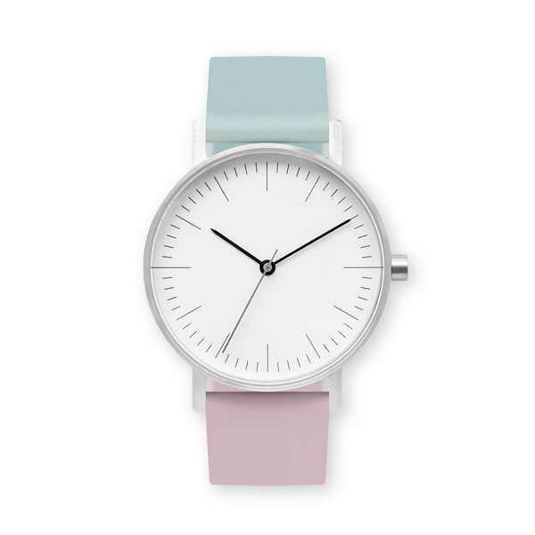 B001 Watch, Silver Case, White Dial, Two-tone Rubber Strap - 1215-Aquamarine/Lavender