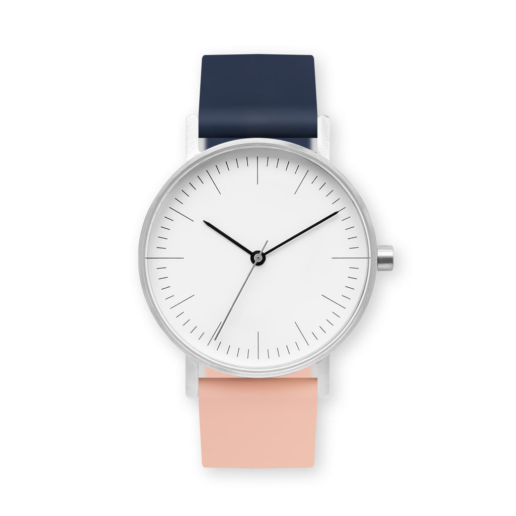 B001 Watch, Silver Case, White Dial, Two-tone Rubber Strap - 1307-Midnight Blue/Nude Pink