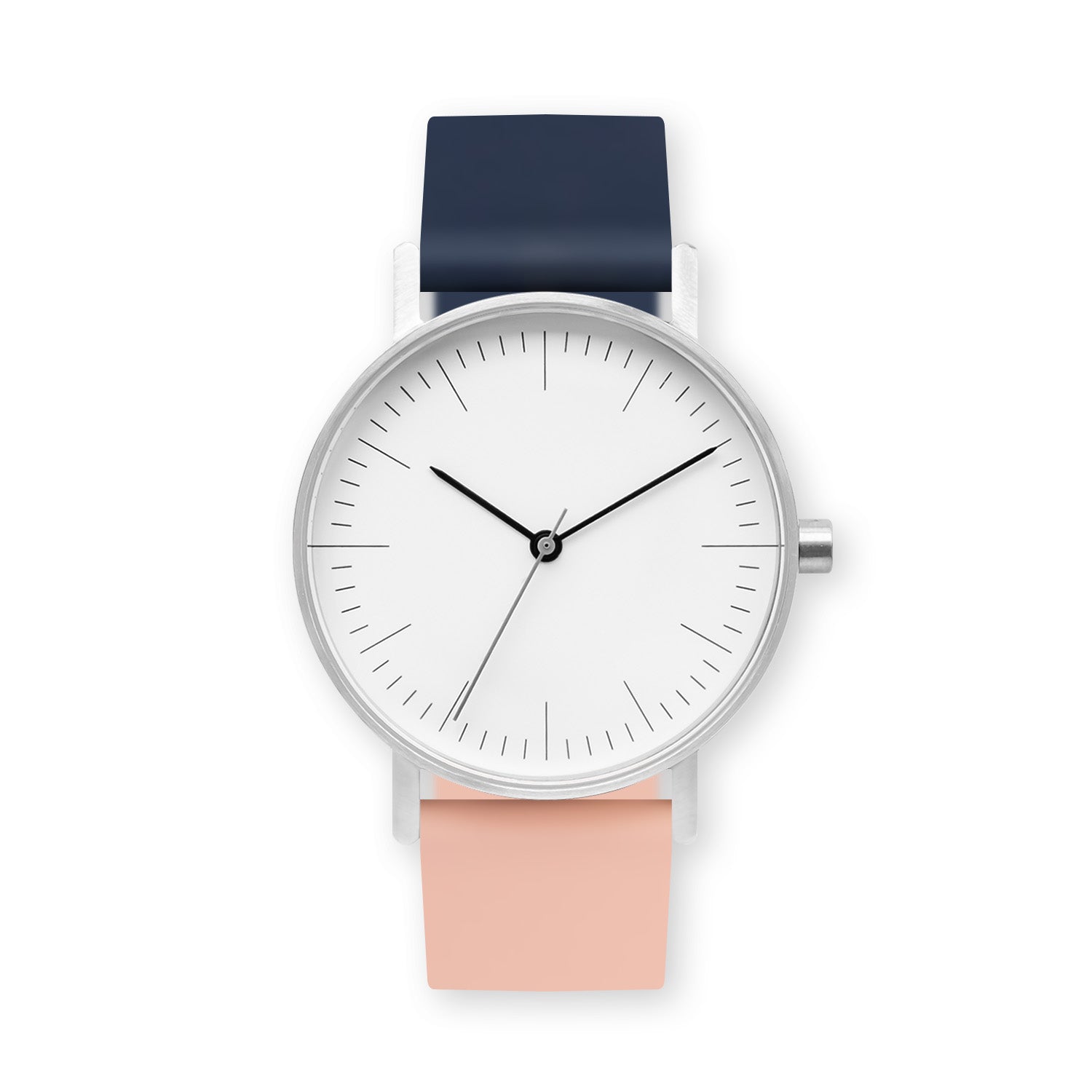 B001 Watch, Silver Case, White Dial, Two-tone Silicone Strap - 1307-Midnight Blue/Nude Pink - BIJOUONE