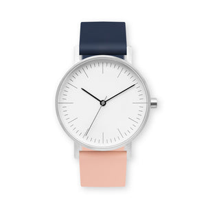 B001 Watch, Silver Case, White Dial, Two-tone Silicone Strap - 1307-Midnight Blue/Nude Pink - BIJOUONE